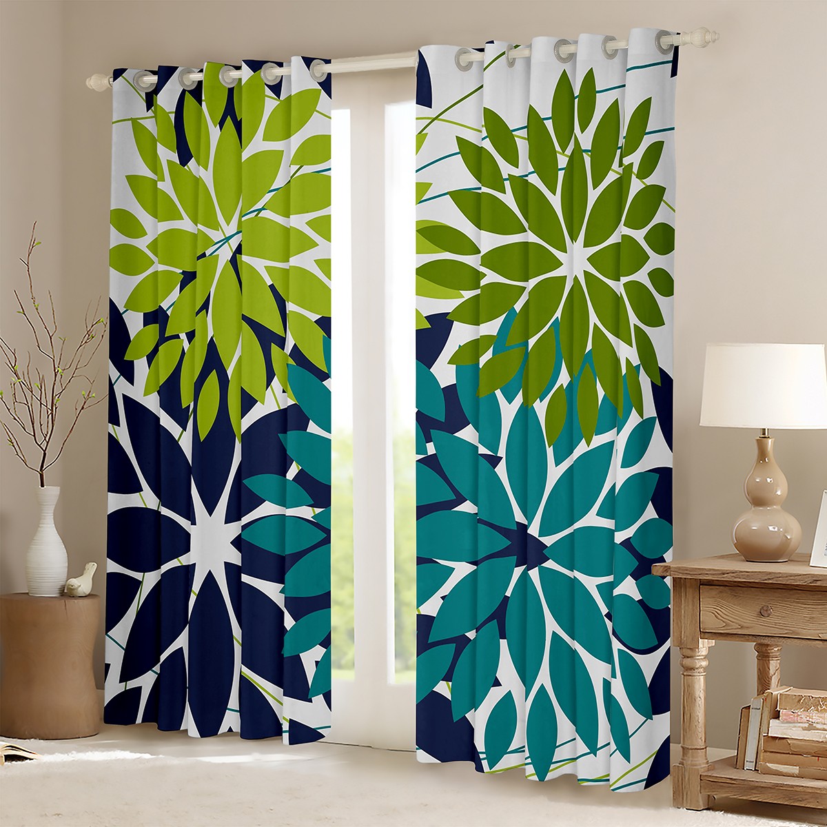 Manfei Floral Dahlia Curtains Pack of 2 (38x54),Geometric Geometric Flower Black Out Curtains,Blue Green Cyan Curtains for Living Room,Microfiber Bedroom Decor