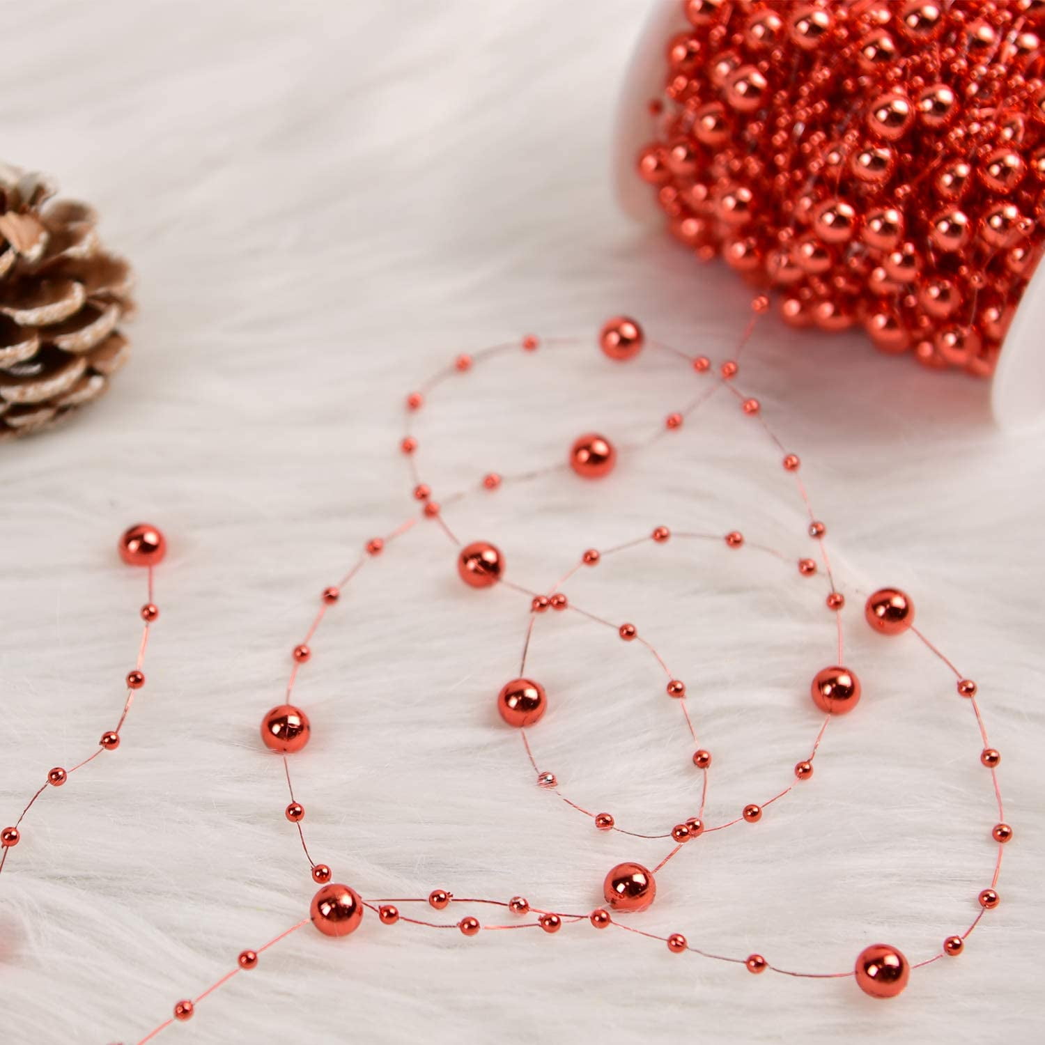 100 Feet Christmas Tree Beads Garland, Red Faux Pearl Strands Chain,  Plastic Beaded Garland for Christmas Tree, Artificial Pearl Garland Roll  for
