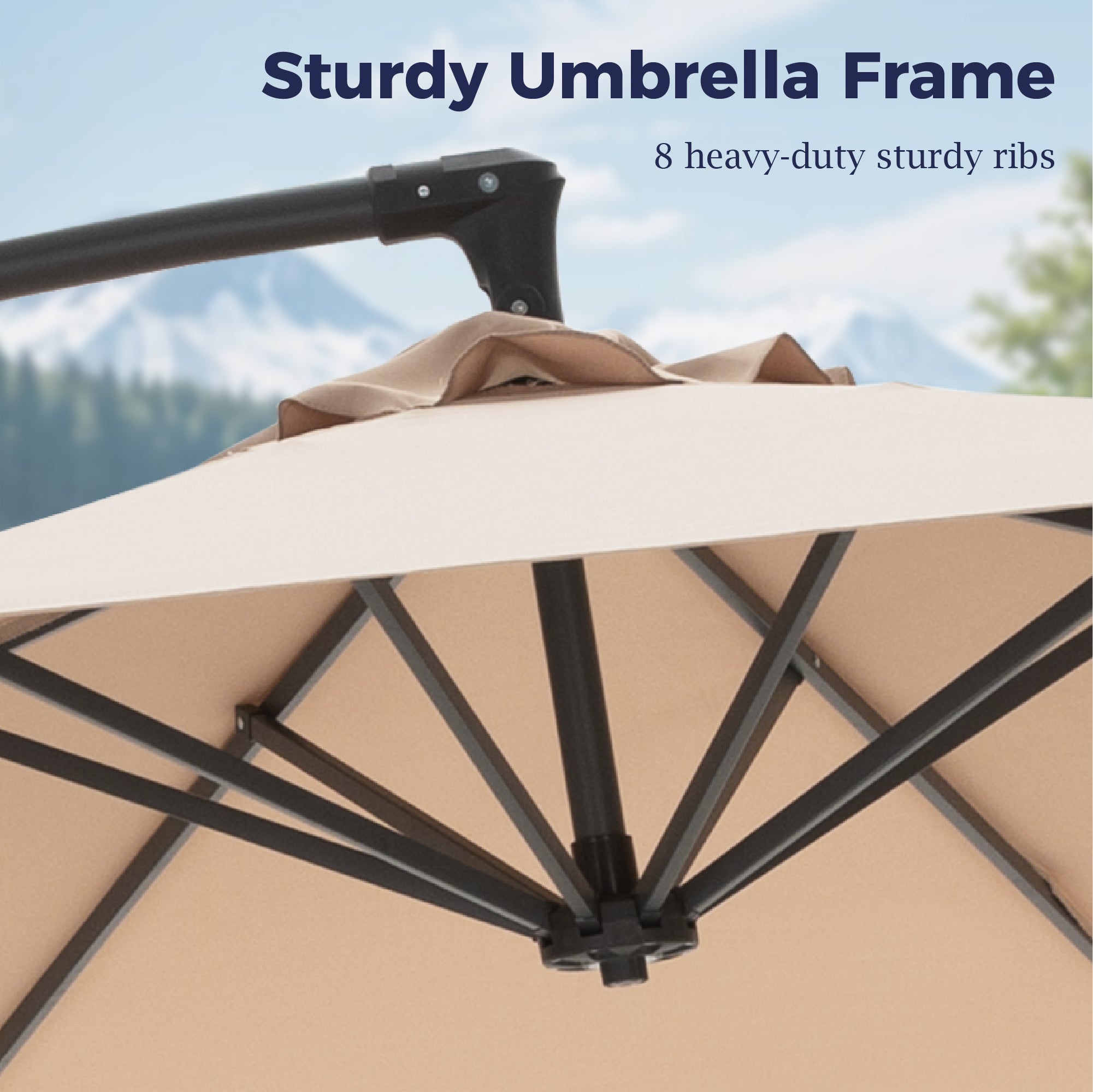 Alpha Joy 10ft Outdoor Patio Offset Market Hanging Umbrella with 8 Steel Ribs & Cross Base(No Weight), Beige