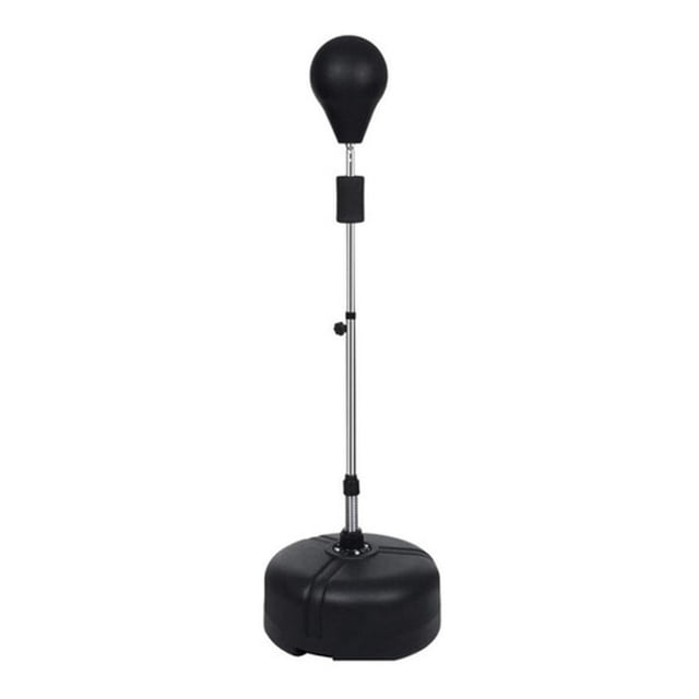 pera de boxeo con base para adulto reflejos coordinación negro Kevinbro, vista frontal centrada con pera de espuma redondeada montada en varilla metálica sobre base negra rellenable; ideal para entrenamiento de boxeo, reflejos, coordinación y ejercicio cardiovascular.