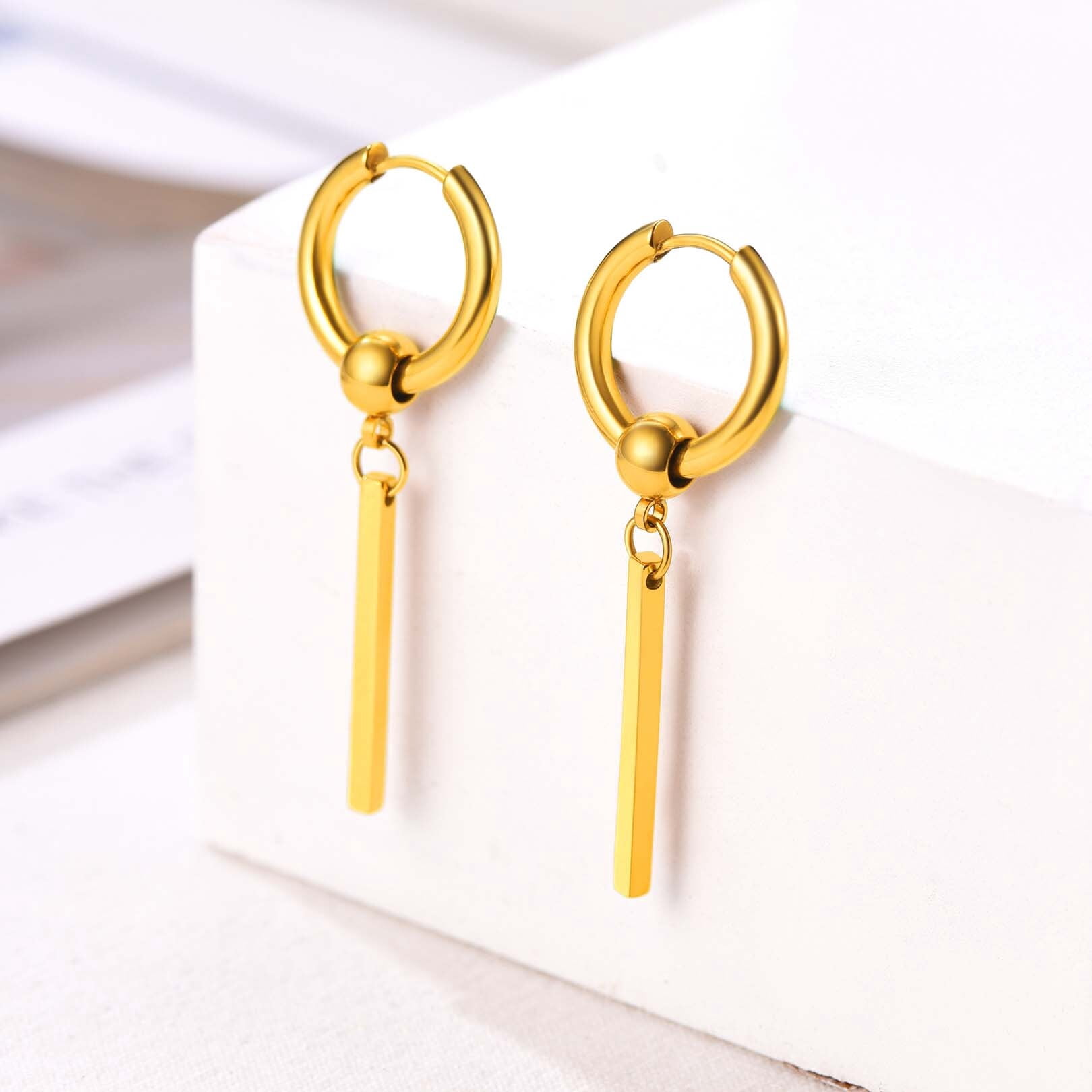 FOCALOOK Hoop Earrings for Women Drop Dangle Vertical Bar Earrings 18K Gold Plated