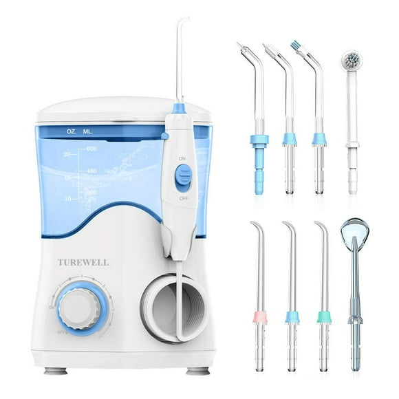 TUREWELL Electric Oral Irrigator, Water Dental Flosser with 10 Adjustable Water Pressure Values, 600 ml Capacity and 8 Multifunctional Nozzle (White)