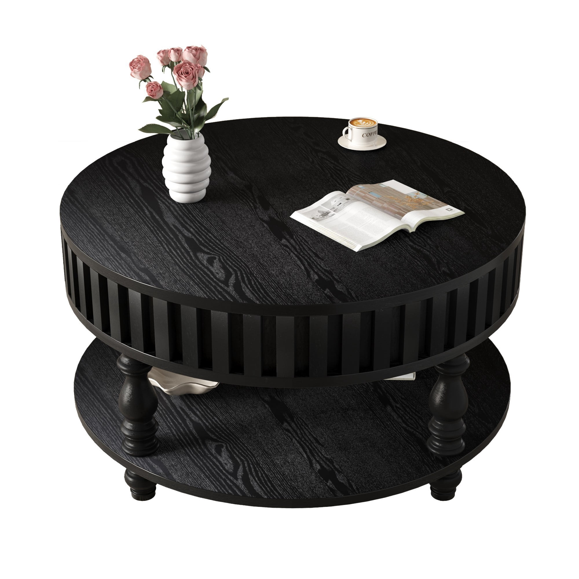Fluted Coffee Table with Storage, 31.5" Round Coffee Table with Flip Top Lid and Shelf, Mid Century Modern Center Table for Living Room, Black
