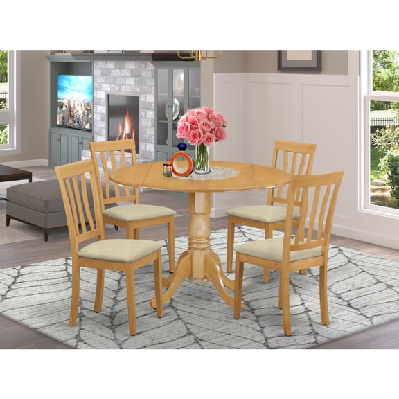 5 Piece Kitchen Table Set - Round Dining Table with 4 Linen Chairs - 42 Inch Oak Finish