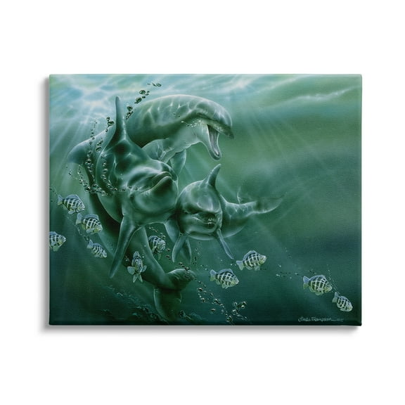 Stupell Industries Underwater Dolphins and Fish Coastal Painting Gallery Wrapped Canvas Print Wall Art