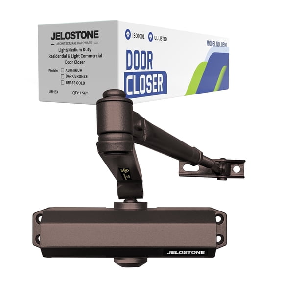 Light/Medium Duty Residential & Light Commercial Door Closer JELOSTONE D500, Fixed Size #3 Spring Power and 2 Valves Door (55-150LB/33-36 in), UL 3 Hour Fire Rated, Indoor/Outdoor (Dark Bronze)