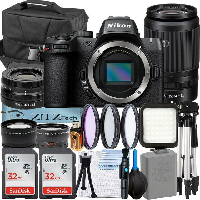 Nikon Z50 II Mirrorless Camera with 16-50mm + 50-250mm VR Lens + 2 Pack 32GB SanDisk Memory Card + Case + + Tripod + Filter Kit + ZeeTech Accessory Bundle