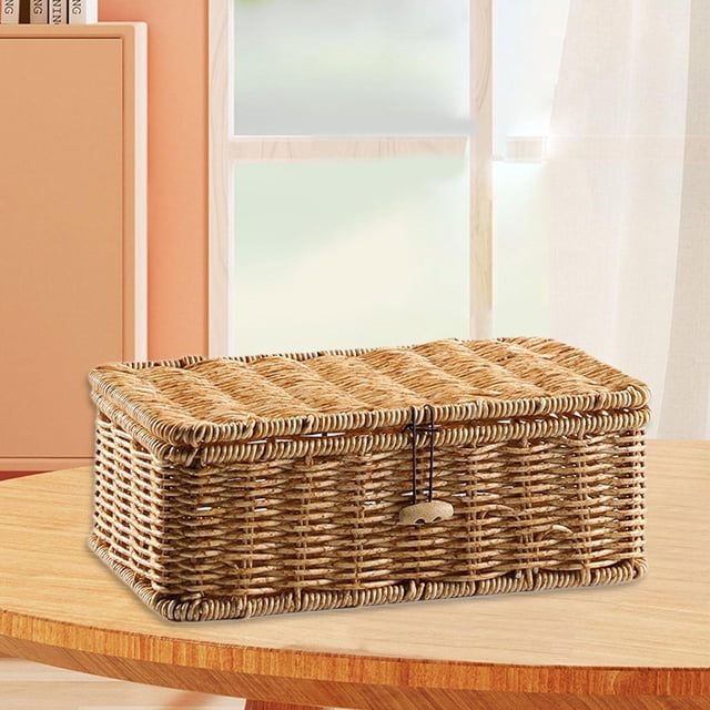 Cesta de almacenamiento con tapa, resistente, decorativa, rectangular, organizador para el hogar, para cocina, despensa, guardería, mesa de oficina. Longitud 25 cm