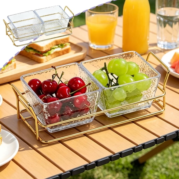 Acrylic Two-Compartment Divided Snack Platter with Metal Stand for Fruit Nuts Candy Serving Tray for Bar Restaurant Home