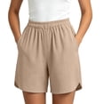 thumbnail image 3 of Women's Solid Color Elastic Waist Shorts With Pockets, Polyester Casual Athletic Fit, Comfortable Stretchy Fabric, Everyday Summer Beach Outdoor Activewear, Womens | VerBelle,Khaki XL, 3 of 8