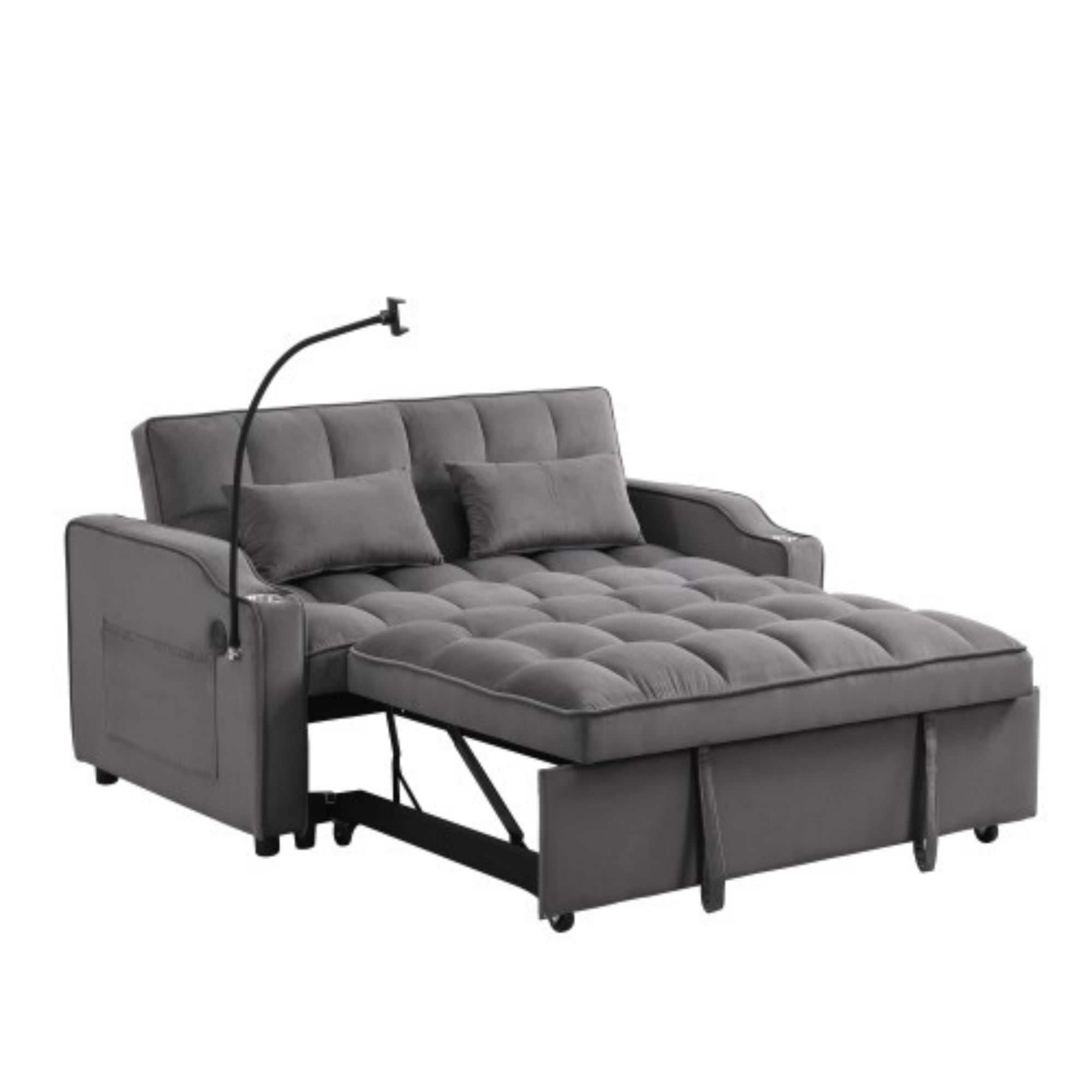 Velvet Loveseat Sofa Bed, 3-in-1 Convertible Sleeper Couch with USB Ports & Pullout Bed, Dark Gray