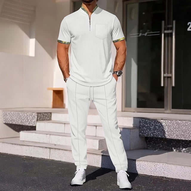 Mode Décontractée pour Hommes, Pantalon à Manches Courtes, Col Rabattu, Ensemble Deux Pièces, Taille Élastique