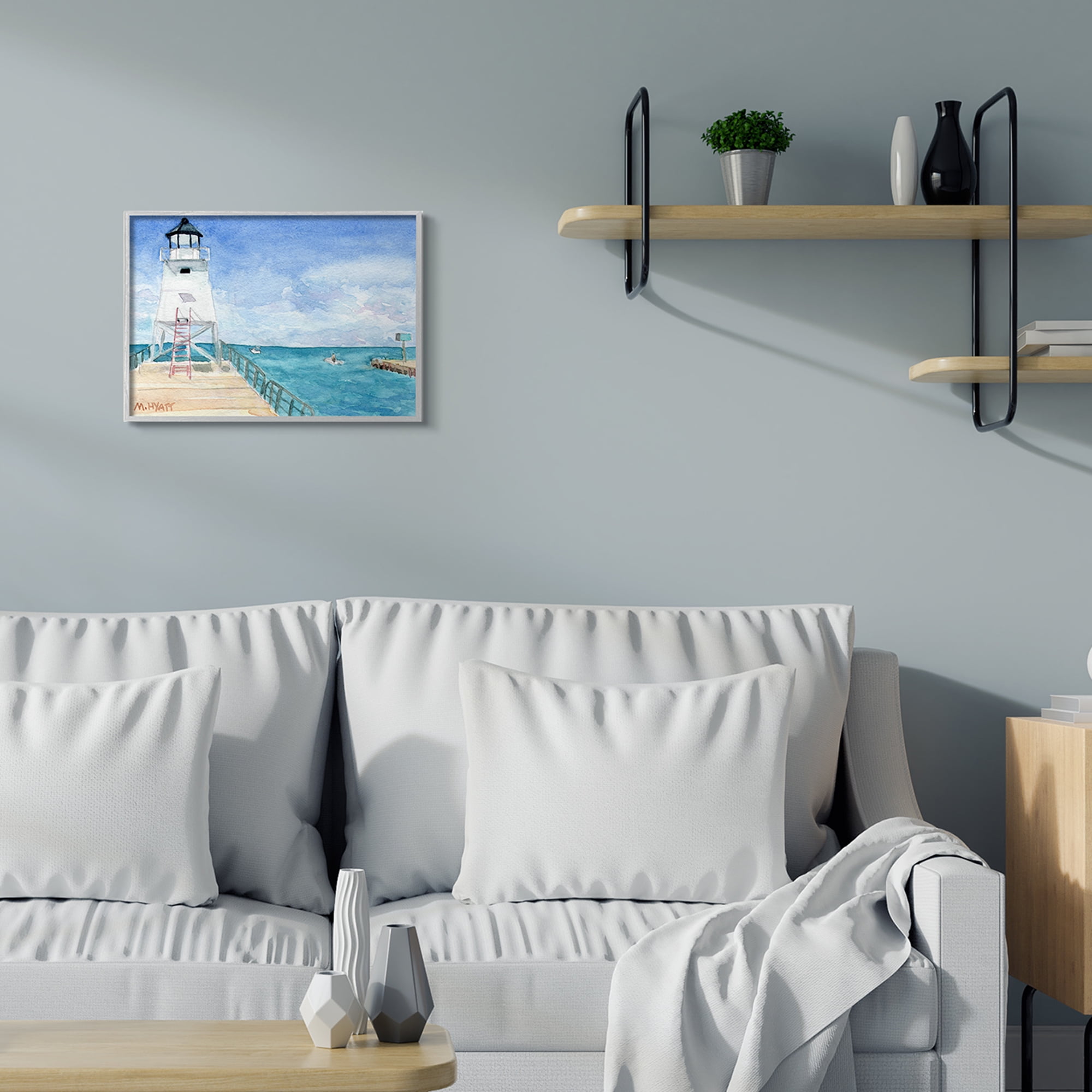 Stupell Industries Boardwalk Leading to Lighthouse Seaside Landscape Grey Framed, 16 x 20, Design by Melissa Hyatt LLC