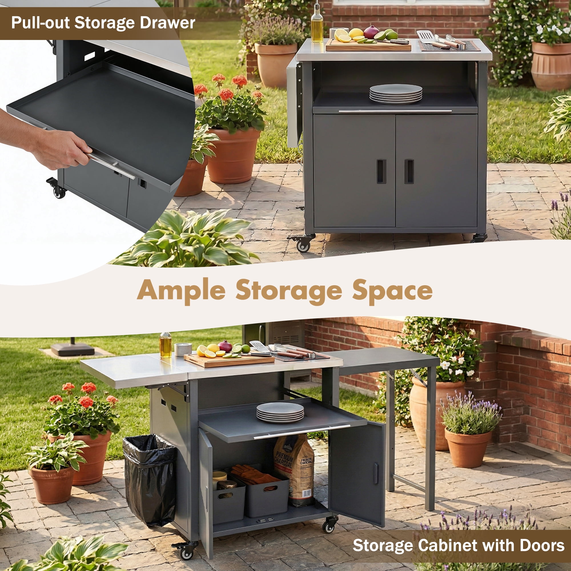 Foldable BBQ Prep Cart, Outdoor Patio Dining Serving Cart with Trash Rack for Backyard, Gray