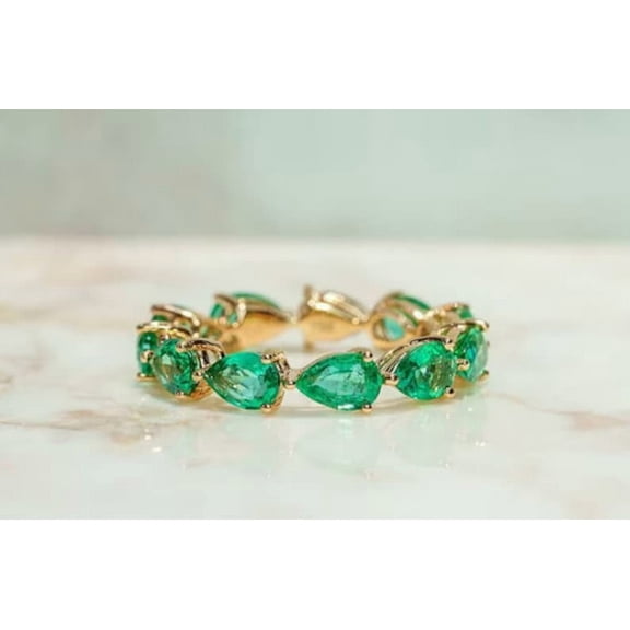 Emerald Wedding Band, Pear Emerald Cluster Full Eternity Band,925 Silver Bridal Jewelry, May Birthstone Stacking Ring Anniversary Gifts her.
