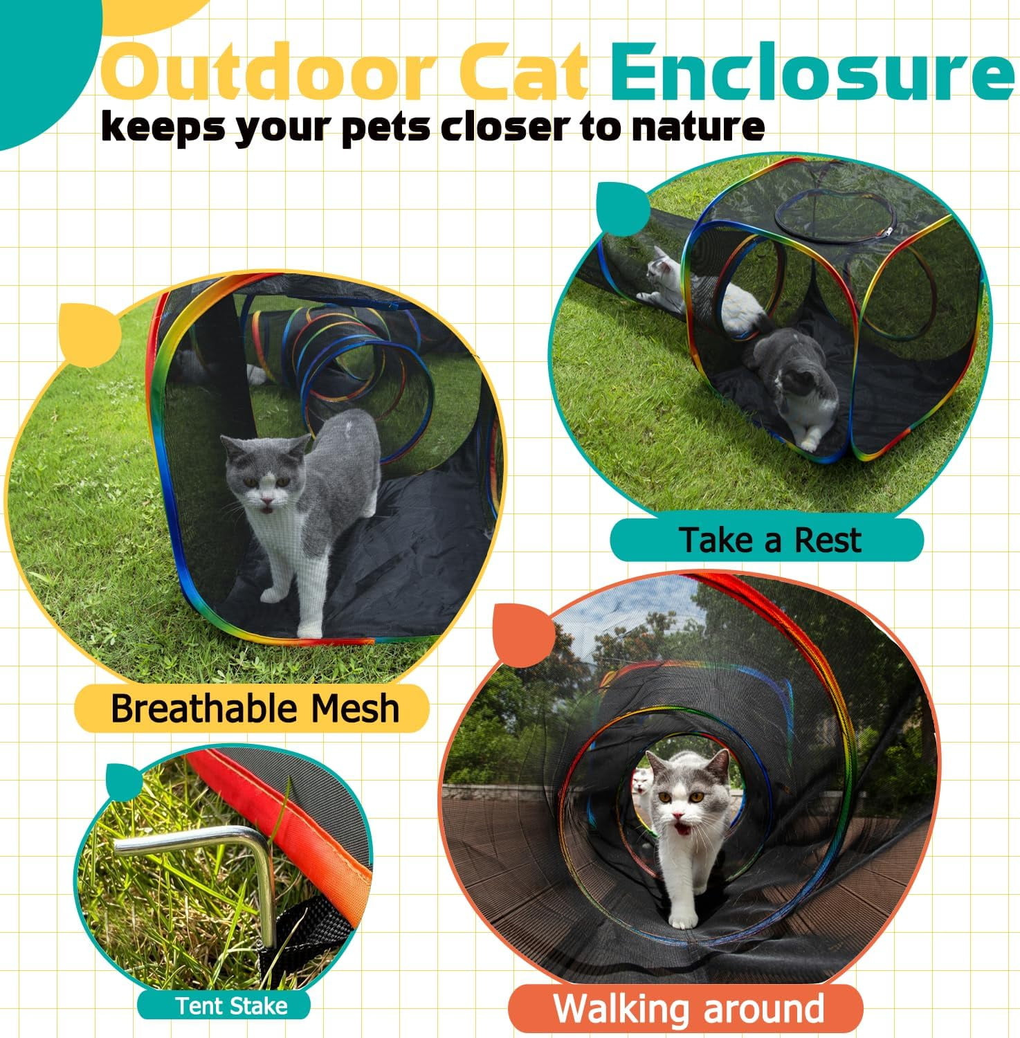 Outdoor Rainbow Cat Enclosures Playground,Outside House for Indoor Cats Include Portable Tent, 3 Way with 2 Cube Tunnel, for Kitty and Small Animals,Within Storage Bag