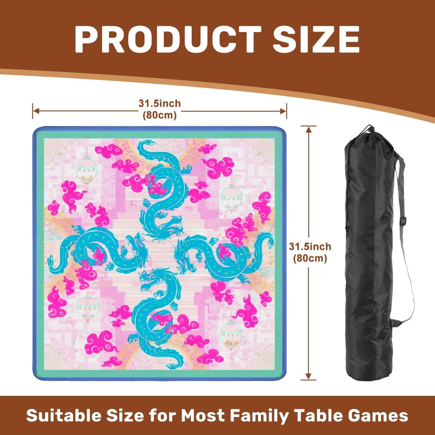 Mahjong Mat with Carrying Bag 31.5" x 31.5" Non-Slip Noise Reduction Vibrant Pink Clouds Traditional Style Table Mat for Mahjong Poker Dominoes Card Board Tile Games