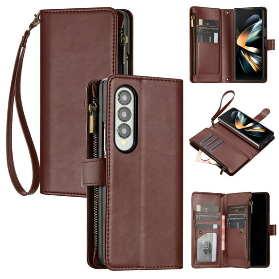 SaniMore Wallet Case for Samsung Galaxy Z Fold 3, RFID Blocking PU Leather Zipper Handbag Purse Flip Cover, Kickstand Folio Case with Card Slot Wrist Strap Lanyard for Samsung Z Fold 3, Brown