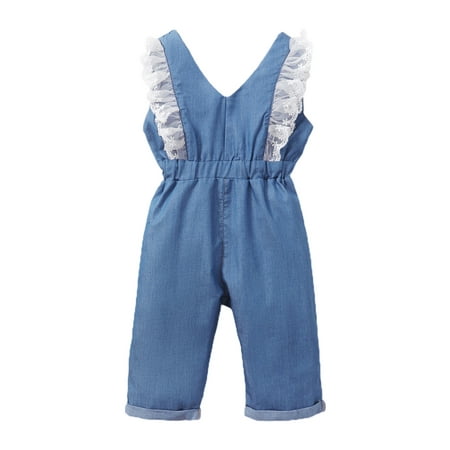 

Canrulo Toddler Baby Girls Summer Denim Romper Sleeveless V-Neck Lace Trim Jumpsuit One-Piece Long Playsuit Blue 0-3 Months