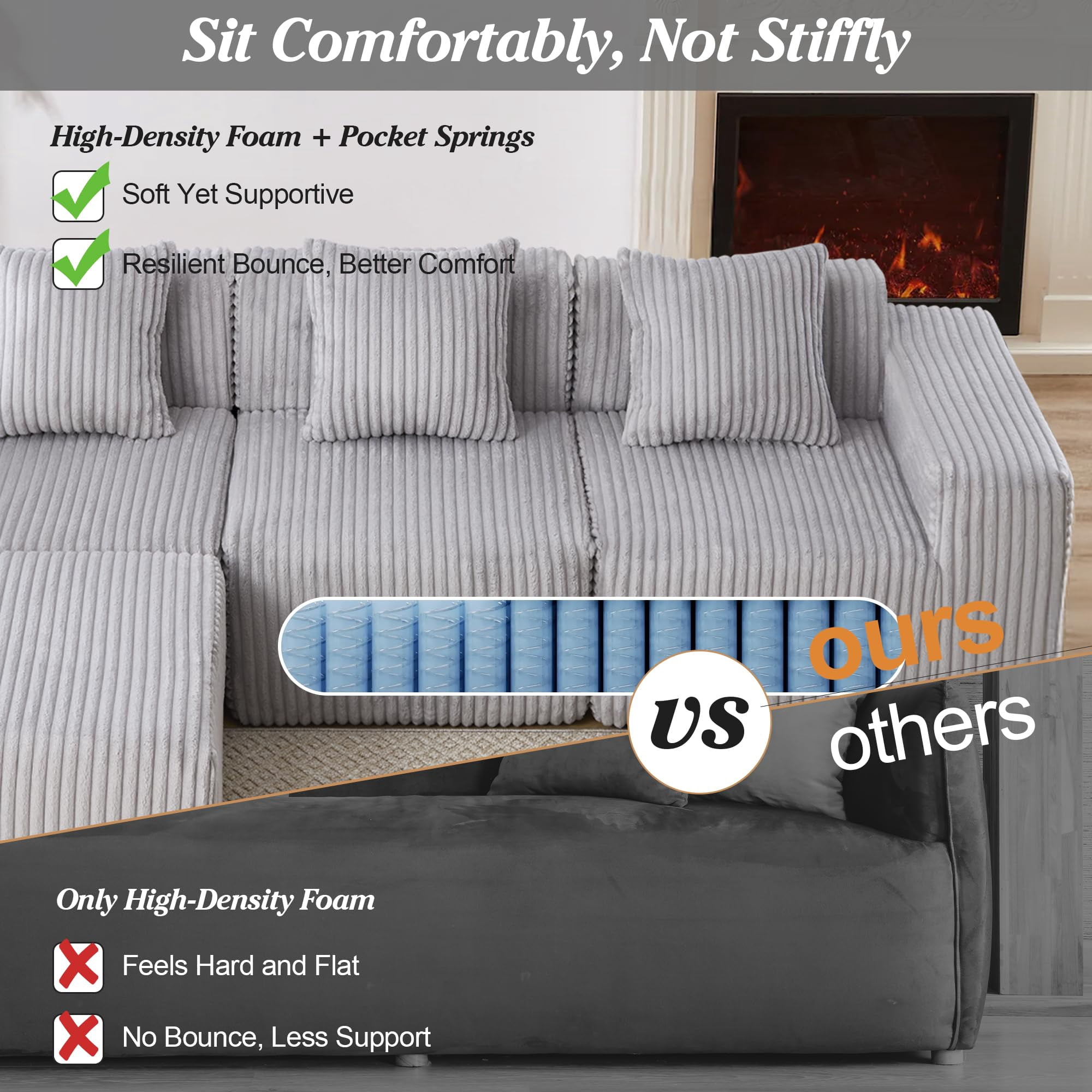 Upholstered Cloud Couch, Modern Minimalist Corduroy Couches for Living Room, Foam-Filled Compressed Sofa,No Assembly Required