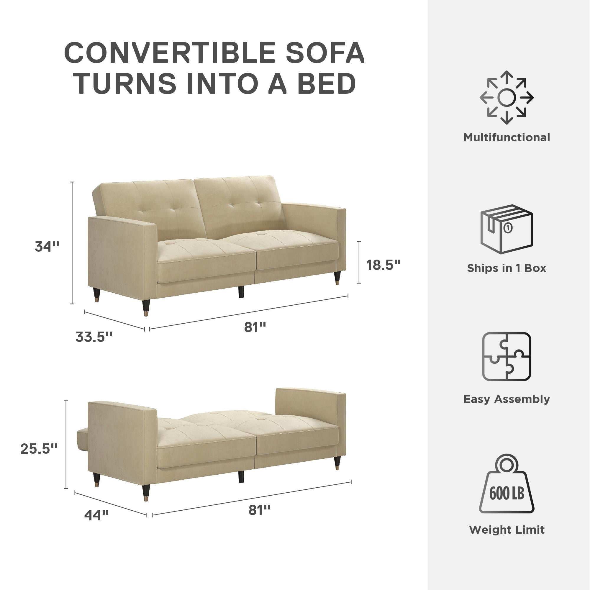 DHP Penelope Pin Tufted Futon, Cream Velvet