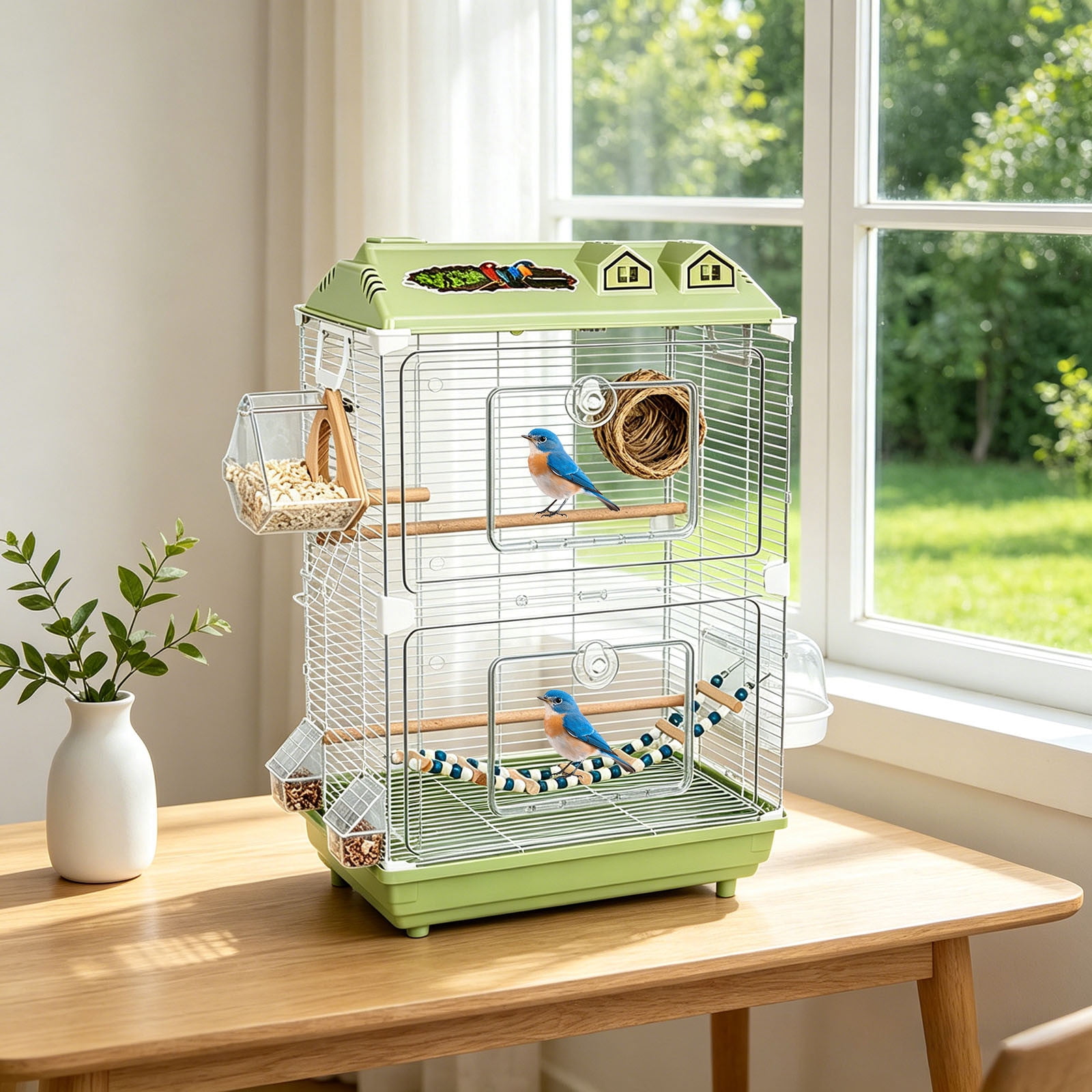 Large Wrought Iron Rolling Bird Cage with Detachable Stand Spacious Flight Aviary for Parakeets Finches Small Pet Birds | 18.50x11.81x30.31 in Green