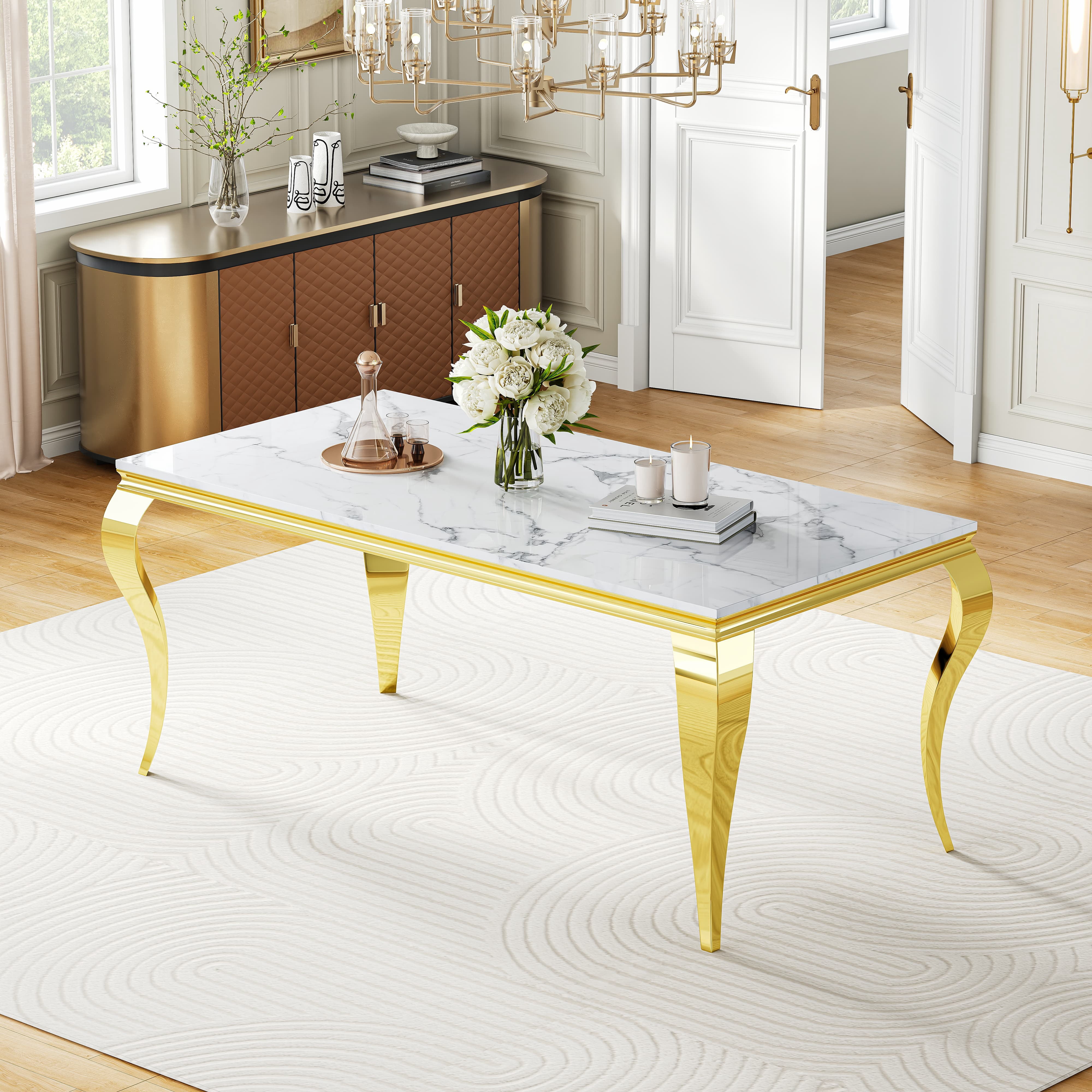 Modern Marble Dining Table, 70" Faux Marble Top and Polished Stainless Steel S-Shaped Legs, for Apartment, Living Room, Kitchen