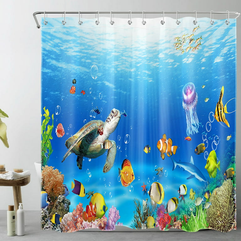 HVEST Underwater World Shower Curtain for Bathroom,Funny Turtle and  Colorful Tropical Fish Coral Fabric Shower Curtain with Hooks,Fantasy Blue  Ocean Bathroom Curtains Shower Set, 72x78 inches 