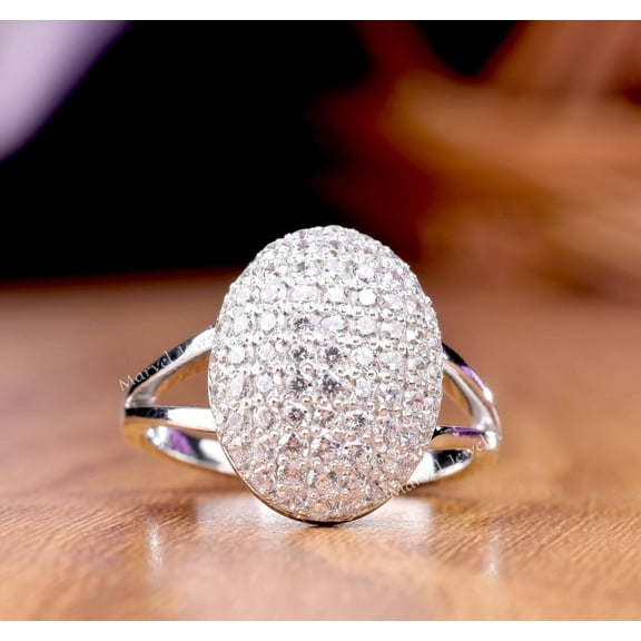 Twilight Dome Ring, Pave Set Diamond Engagement Ring, 2.1 Ct Simulated Diamond, Split Shank Wedding Ring, 925 Sterling Silver, Promise Ring For Her
