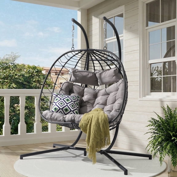 JOIVI 2 Person Double Indoor Outdoor Swing Egg Chair with Stand, Patio Foldable Grey Wicker Rattan Hanging Chair with Cushion, Light Gray