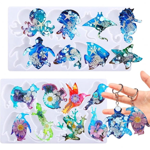 2Pcs Keychain Resin Molds, 16 Marine Terrestrial Amphibious Animals Keychain Making Molds, Silicone Molds for Epoxy Resin Casting DIY Pendants Ornaments Craft Decoration Gift