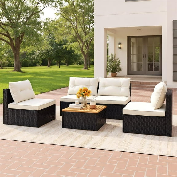 Topcobe 5 Piece Outdoor Furniture Set with Solid Tabletop and Soft Cushions, Outdoor Deck Furniture