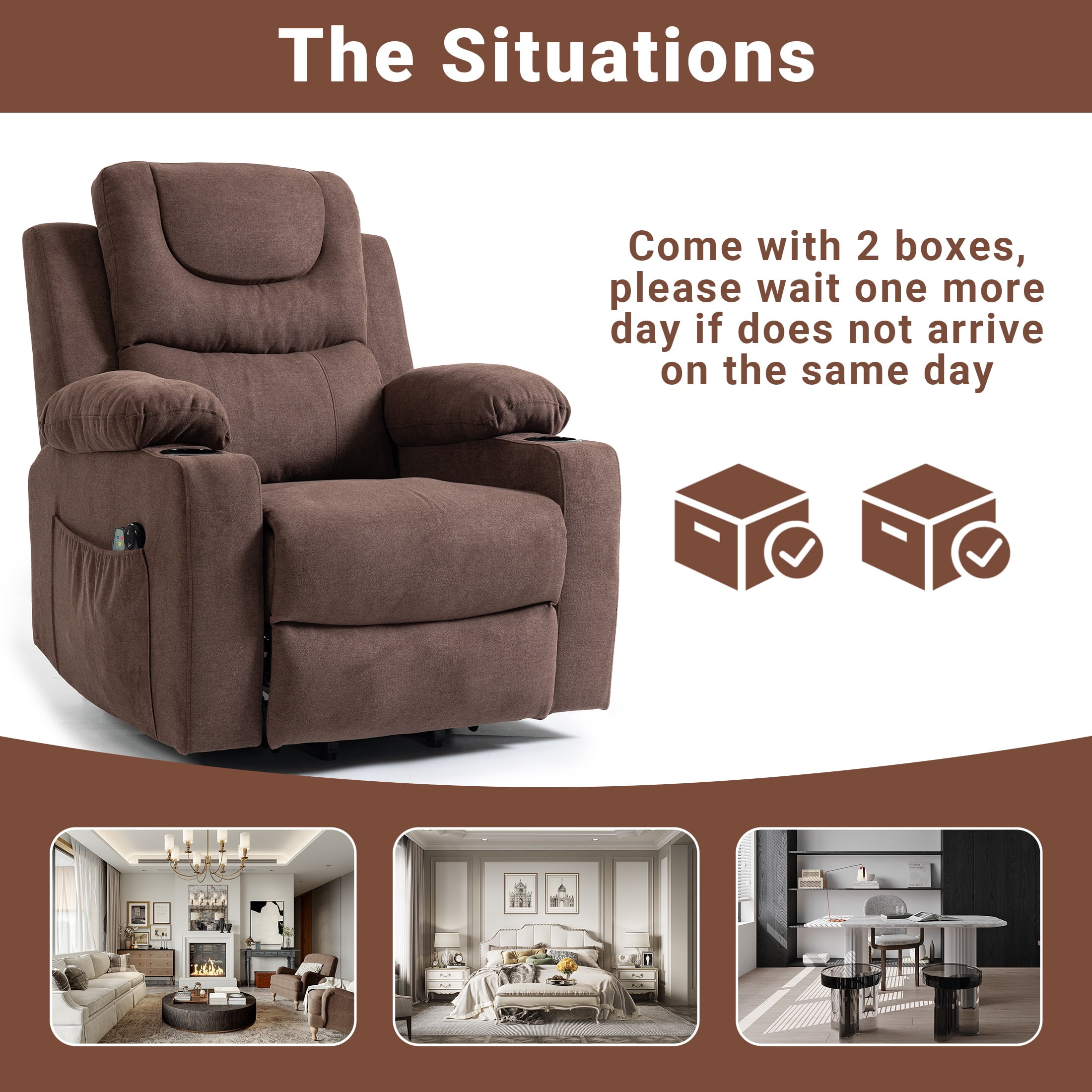HSUNNS Power Lift Recliner Chair for Elderly, Electric Lift Chair with Heat & Massage, Infinite Position Reclining Sofa with Side Pocket for Living Room, Brown