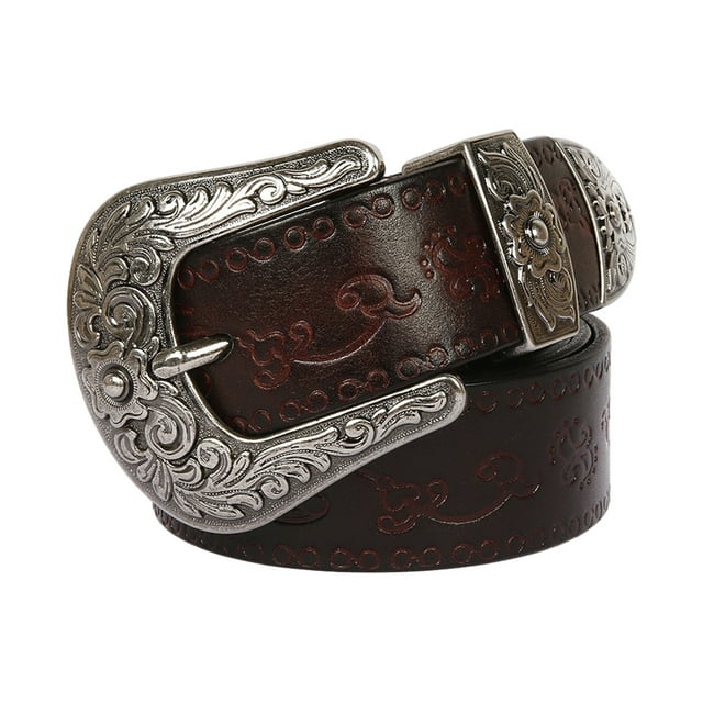 braveheart Sturdy Belt With Alloy Buttons Practical And Convenient For Everyday Long Fashion Embossed Pattern Rivet Belt Small round coffee 115cm 1Set