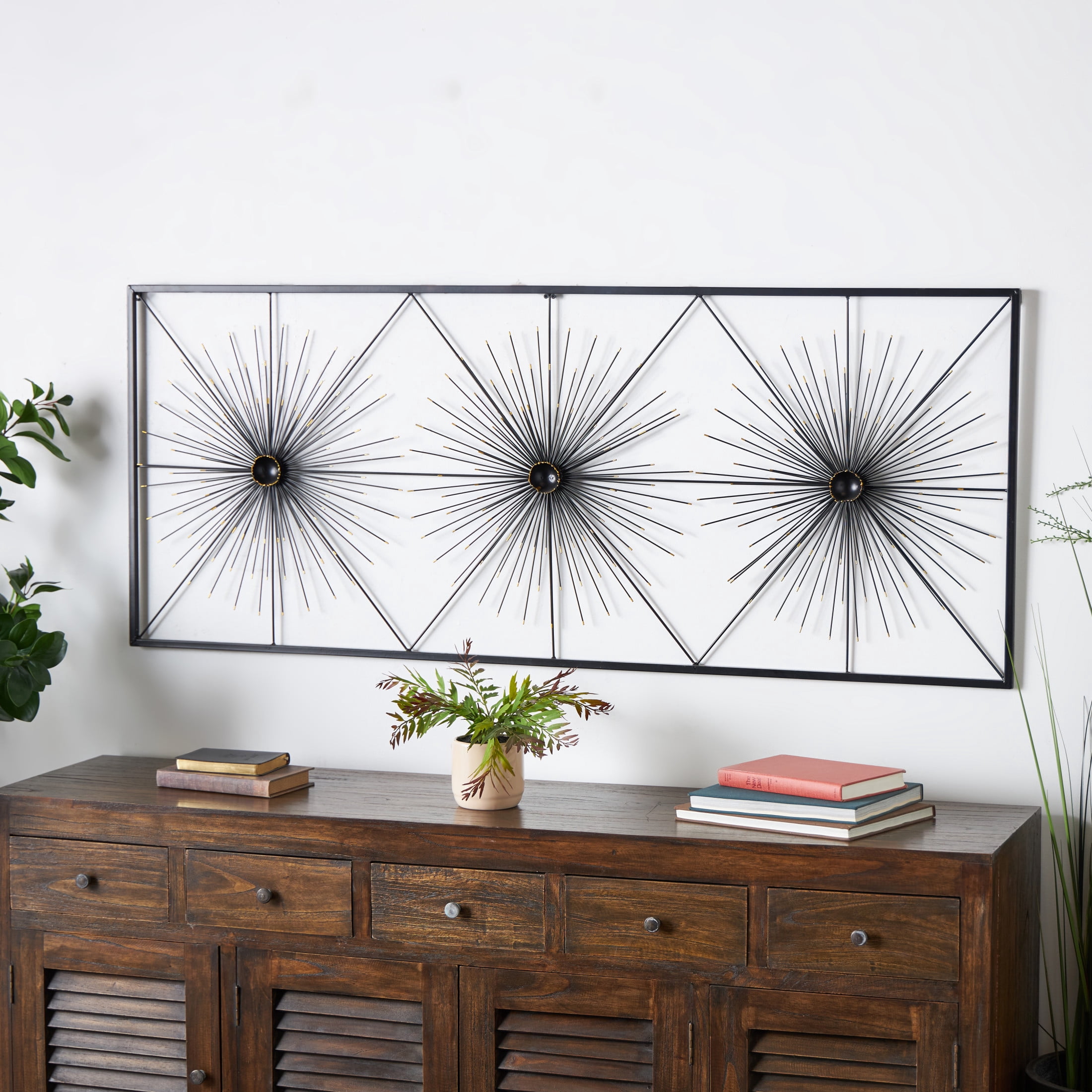 DecMode Black Metal Sea Urchin Starburst Wall Decor with Black Frame