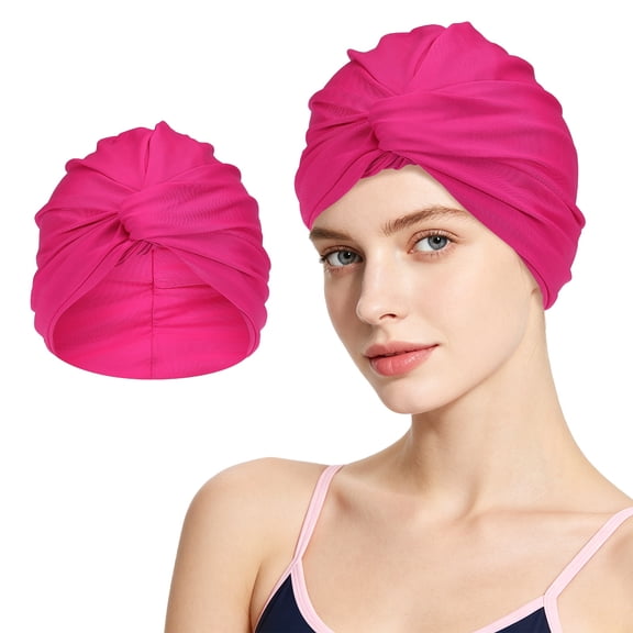 Uxcell Turban Swim Cap, Polyester Pleated Tied Swimming Cap Elastic Bathing Fabric Swim Hat for Long Short Hair Pool Beach Leisure/Water Sports/Bathing/Swimming, Purple Red