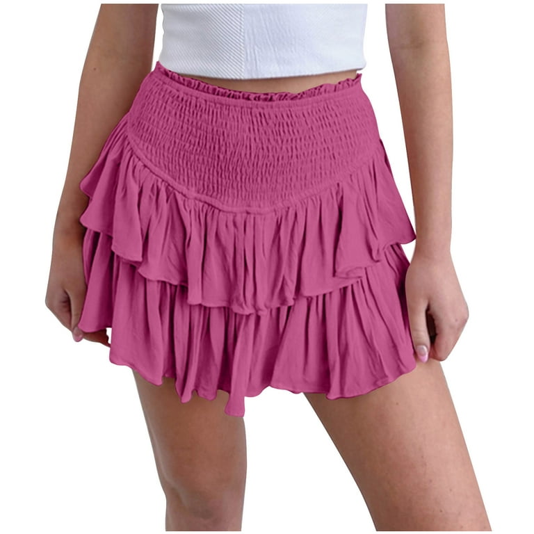 Women Smocked Ruffle Mini Skirt High Waisted A-Line Summer Cute Short  Skirts Golf Tennis Cake Skirt Plus Size