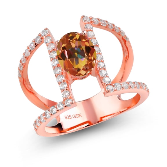 Gem Stone King 2.16 Ct Oval Ecstasy Mystic Topaz 18K Rose Gold Plated Sterling Silver Ring (Size 5) (Size 5)