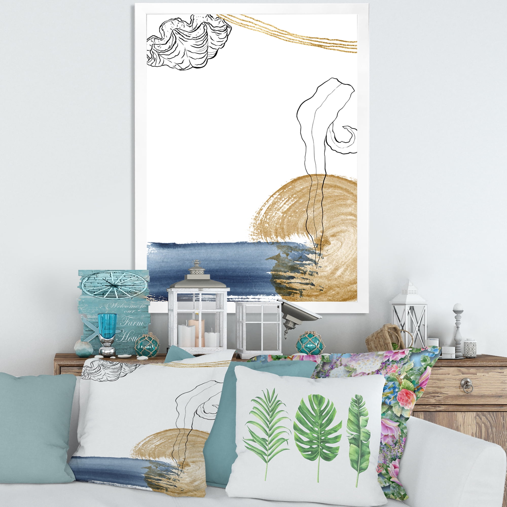 Designart 'Golden Marine Shell Classic Blue Abstract ' Farmhouse Framed Art Print
