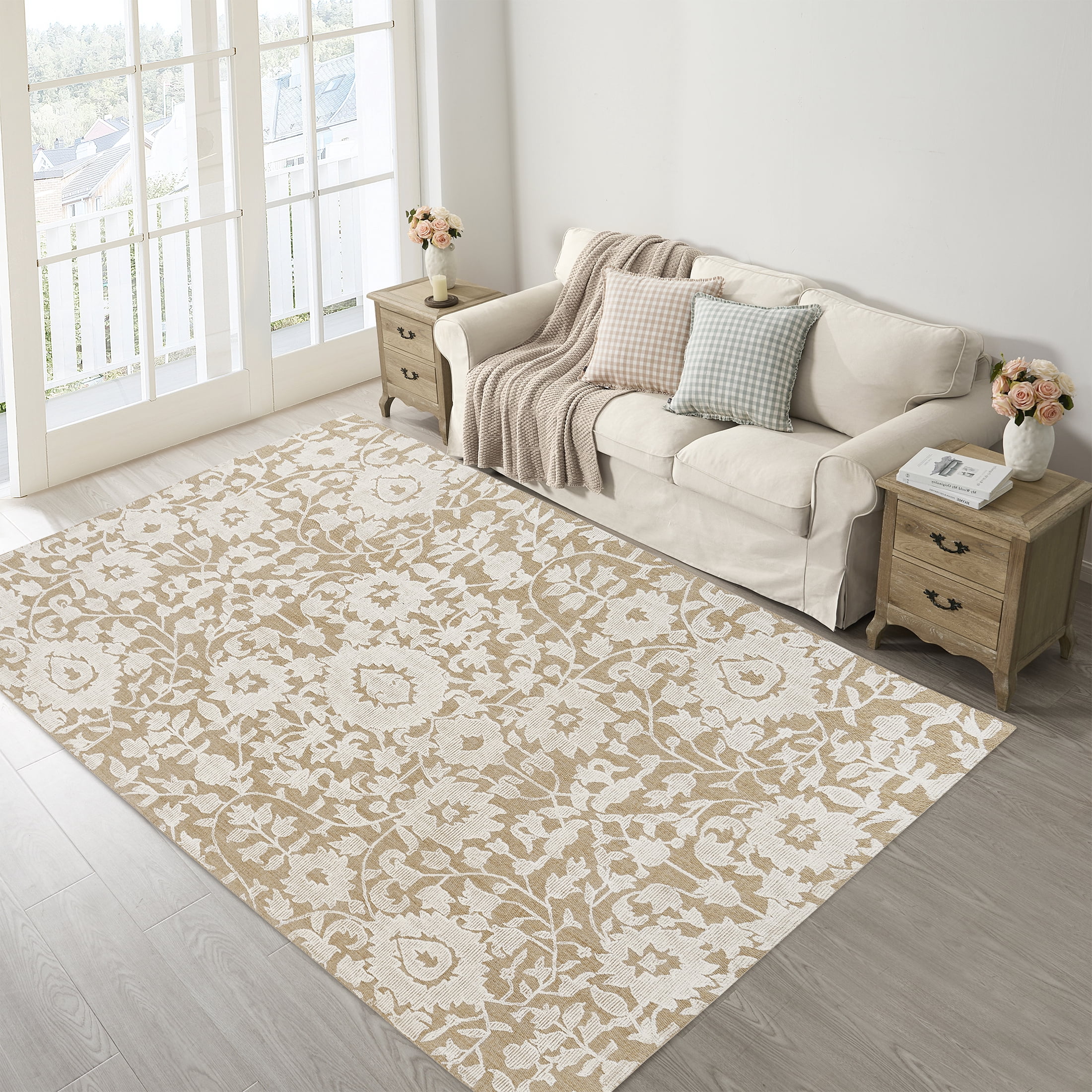 My Texas House Flora Natural Wool Floral Indoor Area Rug 9' x 12' for Living Room and Bedroom