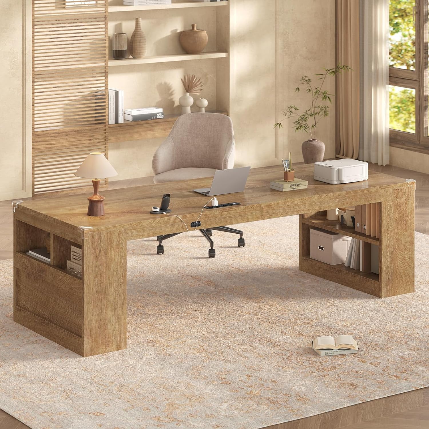 86.6 inch Two Person Desk, Computer Desk with Storage Shelves, Home Office Workstation Desk, Modern Writing Table, Oak