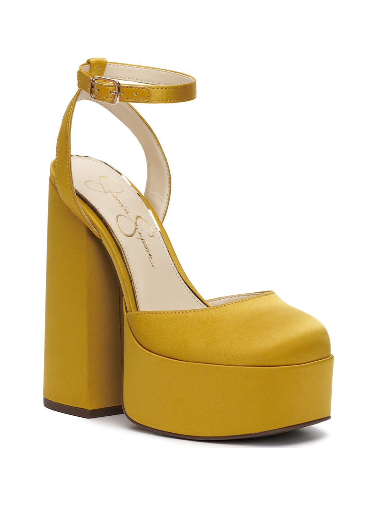 Jessica Simpson Skilla Yellow Mustard Satin Platform Pump Buckle