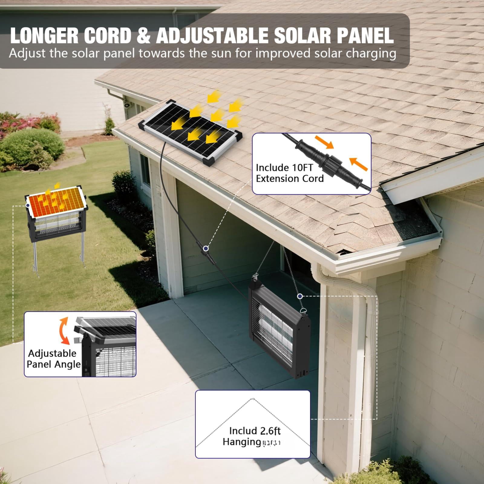 Solar Zapper Outdoor  4500v Mosquito Waterproof With Panel Sensor Electric Fly Rechargeable Killer 10ft Extension Cord Ideal For Patio Backyard Camping