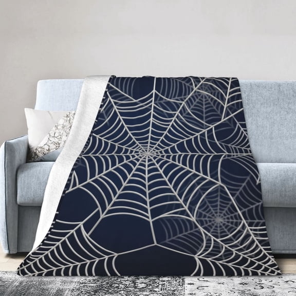 Spider Web Blanket, Spooky Silvery Allover Print on Navy, Soft Flannel Halloween Throw for Gothic Lovers 50x40