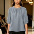 thumbnail image 5 of Womens Cotton Linen T Shirts Elbow Length Sleeve Crew Neck Tops for Women Summer Lightweight Tshirts, 5 of 6