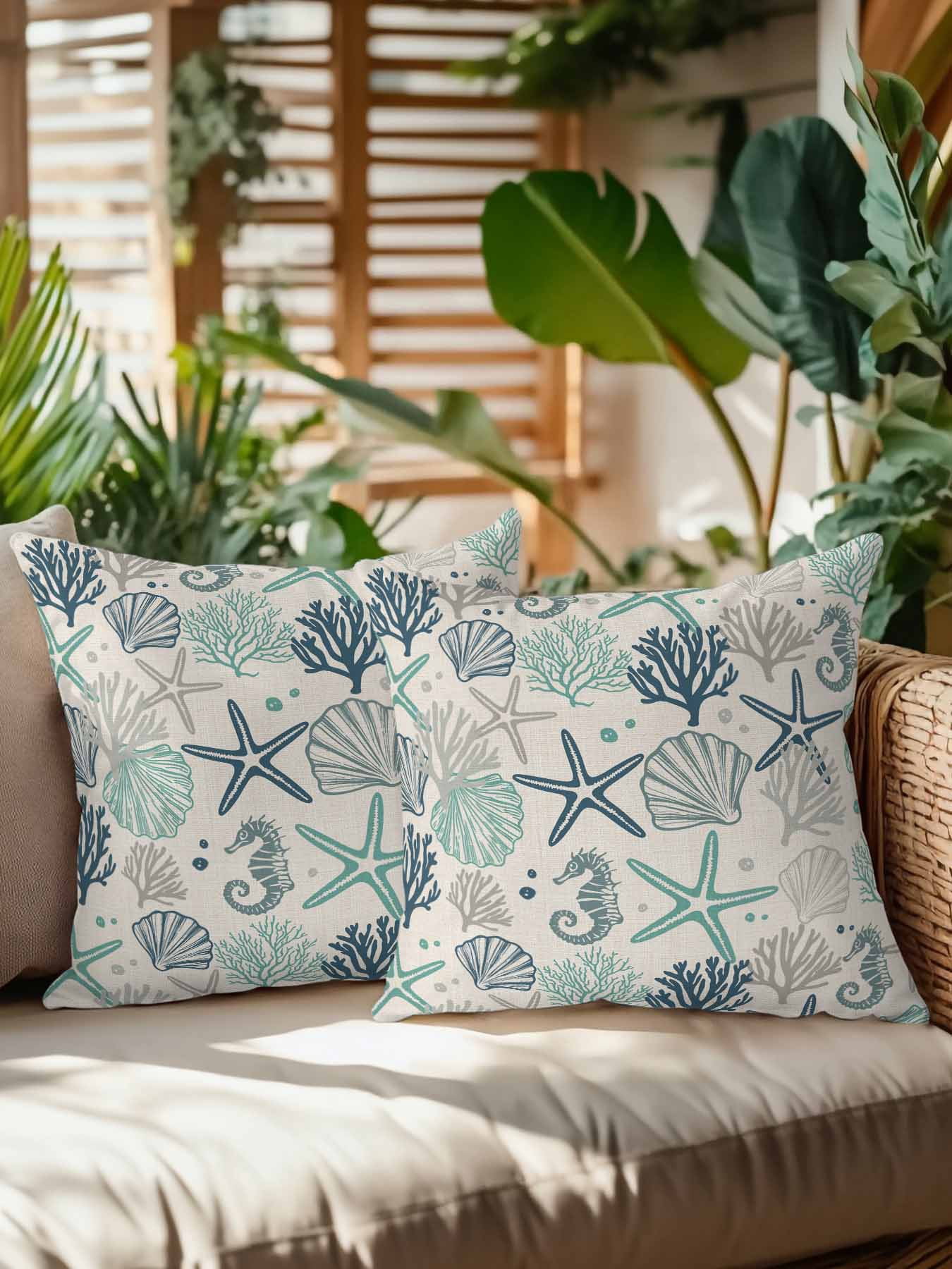 Waterproof Outdoor Throw Pillows with Inserts 16"x16" Set of 2,Blue Teal Coastal Soft Decorative Pillowcases for Bedroom,Summer Beach Starfish Coral Nautical Rustic Pillow Covers for Sofa Living Room