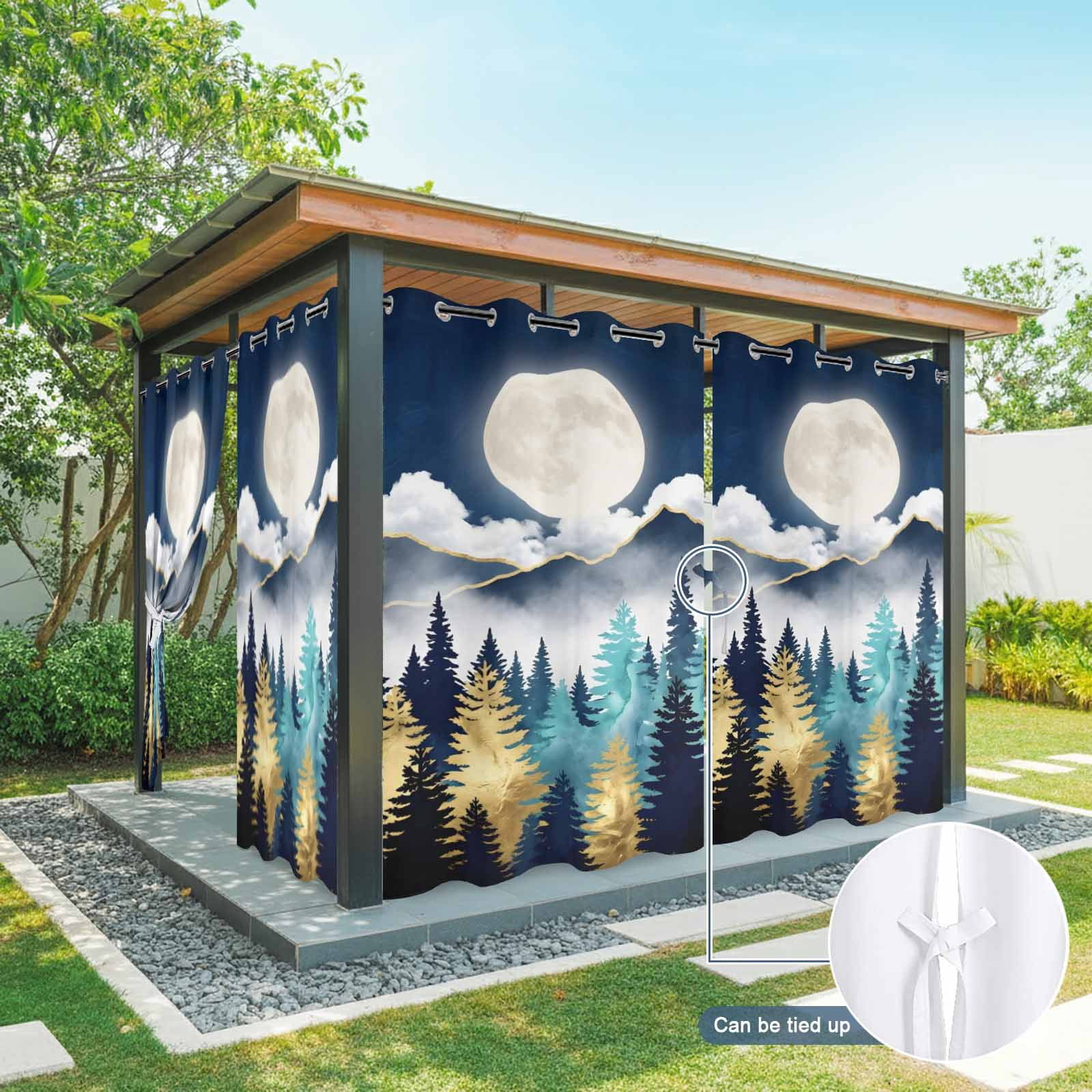 Night Forest Outdoor Curtains for Patio, Mountain Cloud Moon Gold Teal Pine Tree Sunshade Privacy Drapes Grommet Waterproof Outside Curtains for Porch/Cabana/Balcony 54"x 108", 1 Panel