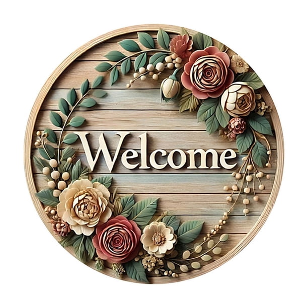 Letrero de bienvenida para puerta de 20 x 20 cm, decoración de flores, placa circular de madera, adorno colgante de pared para el hogar, para decoración de festivales y temporadas.