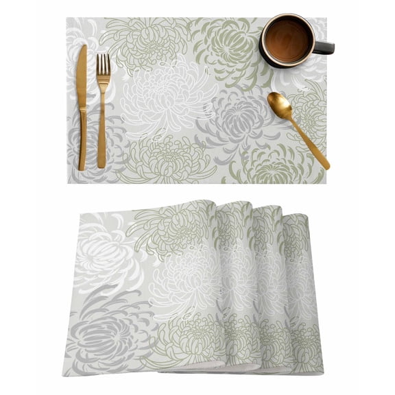 Placemats Set of 6, Sage Green White Woven Placemat, Linen Place Mats for Kitchen/Dining Tables, Abstract Grey Chrysanthemum Flower Washable Table Mats for Party