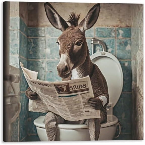 Aaheei Square Canvas Bathroom Decor Donkey Wall Decor Poster Animals Reading Newspaper Theme Bathroom Wall Art Print Toilet Wall Decor Home Gift